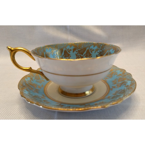 Paragon Teacup Saucer Bluebell Medallion Heavy Gold Gilt Double Warrant Vtg 40s - Picture 5 of 16